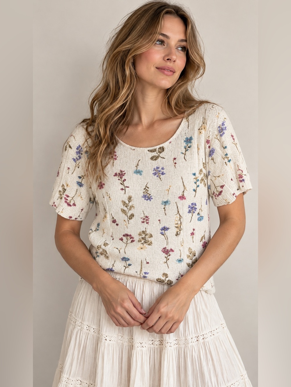 Vintage Paradise Bay Floral Knit Sweater Cottagecore Short Sleeve Top botanical
